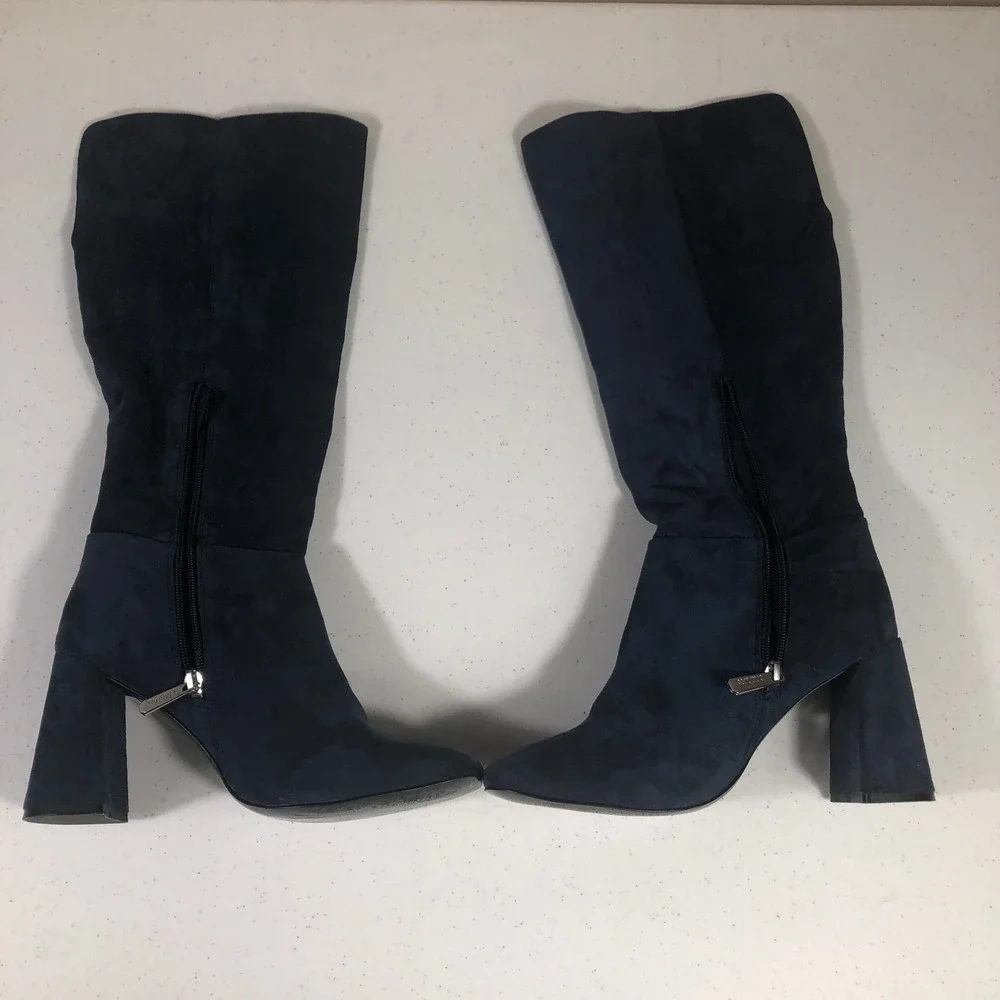 Whimsigoth 90s Knee High‎ Boots Size 8.5M Blue Faux Suede Dark Romantic Holiday - Picture 2 of 11